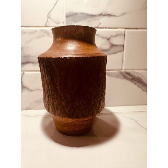 Vintage Hand Engraved Wooden Urn Vase Made in Thailand - Picture 4 of 7